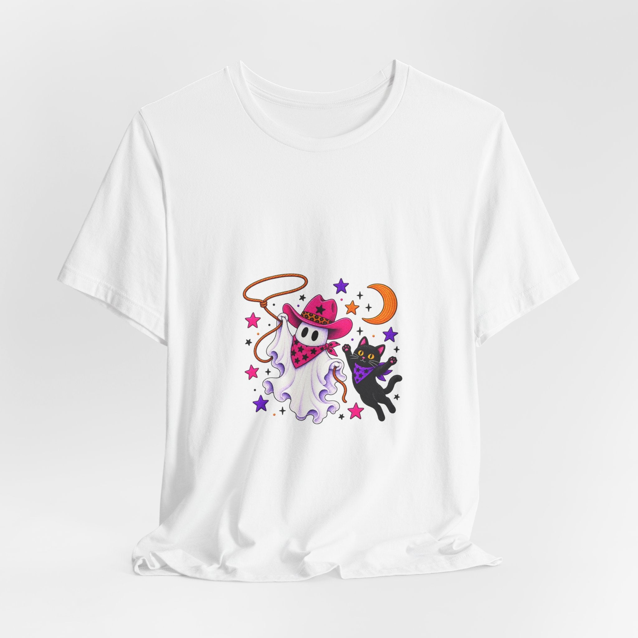 Halloween Ghost Cat T‑Shirt — Cute Witchy Ghost & Black Cat Tee