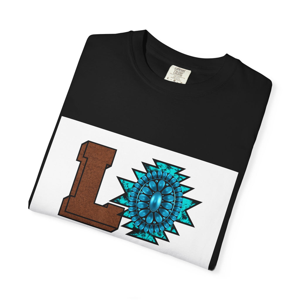 LOVE Southwestern Graphic T-Shirt — Turquoise Aztec Heart Design