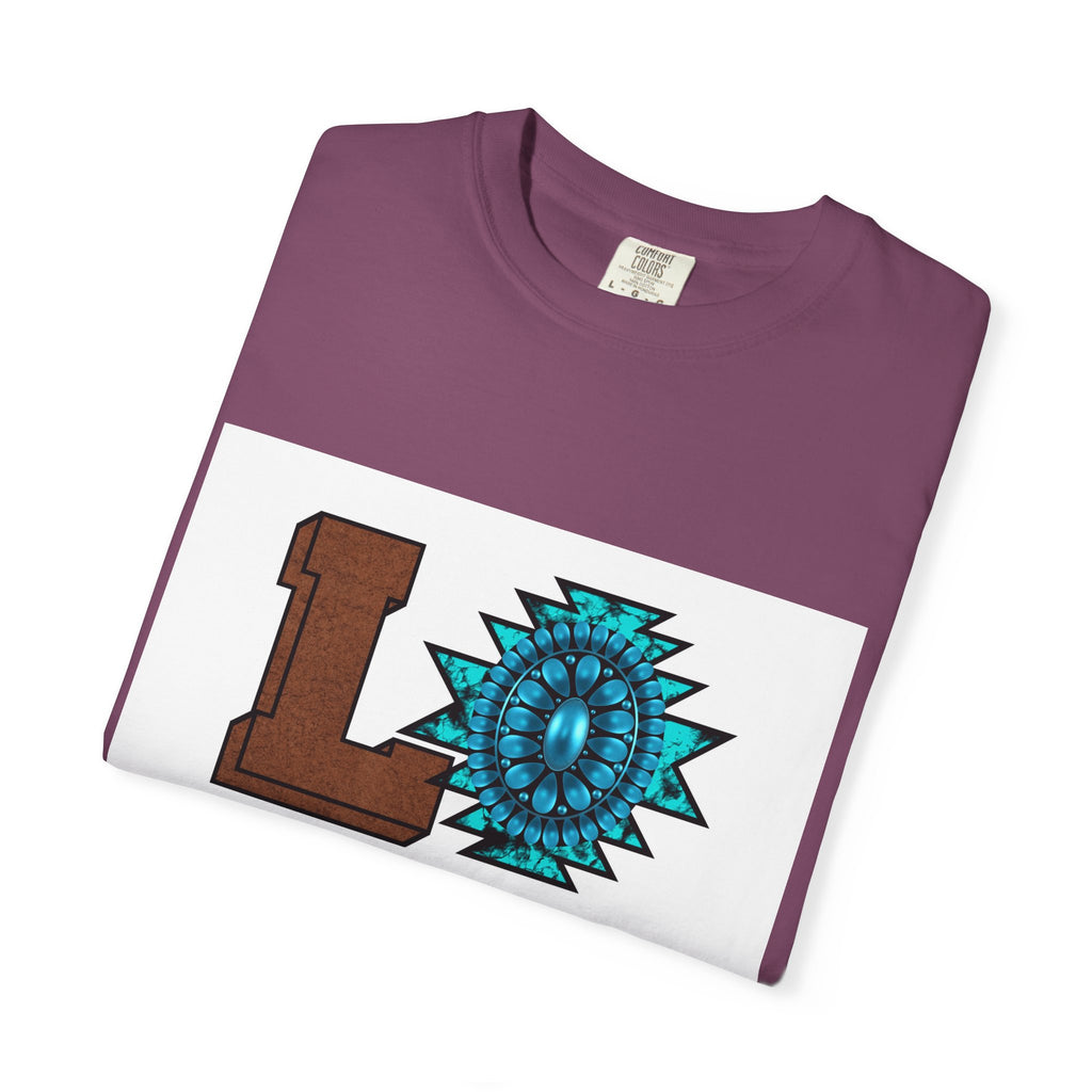 LOVE Southwestern Graphic T-Shirt — Turquoise Aztec Heart Design