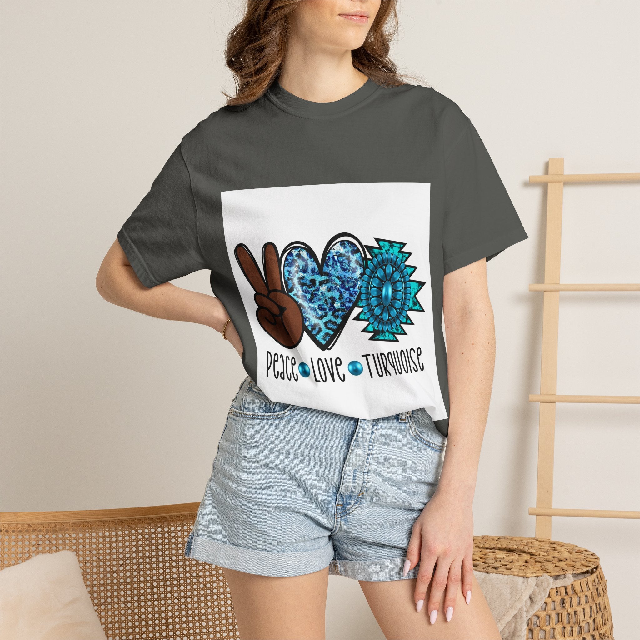 Peace Love Turquoise T-Shirt — Boho Peace Sign & Heart Graphic Tee