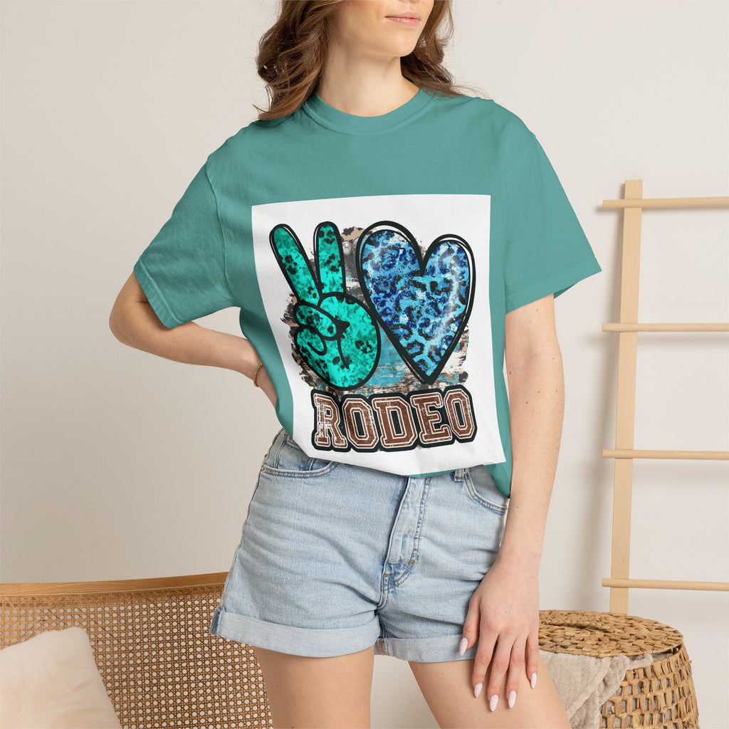 Peace Love Rodeo T‑Shirt — Turquoise Leopard Graphic Rodeo Tee