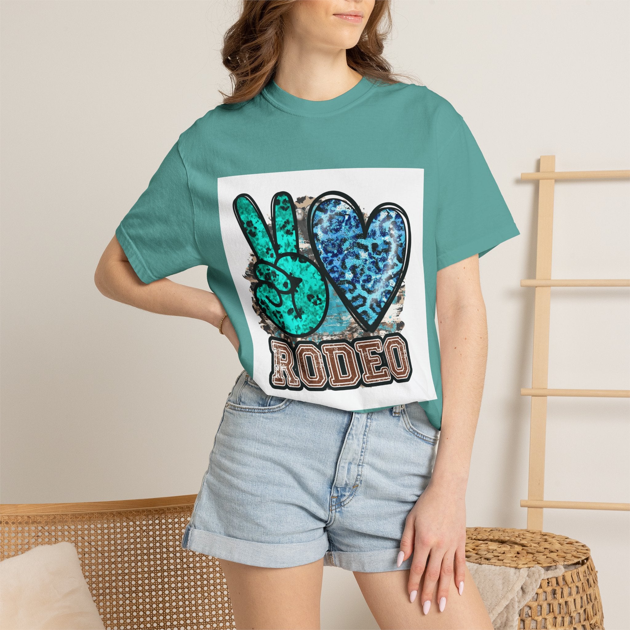 Peace Love Rodeo T‑Shirt — Turquoise Leopard Graphic Rodeo Tee