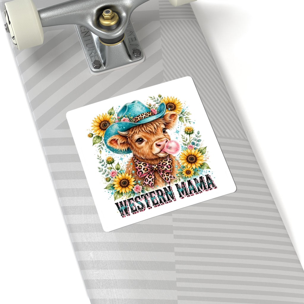 Western Mama Cow Sticker — Cute Cow in Cowboy Hat with Sunflowers (Kiss-Cut)