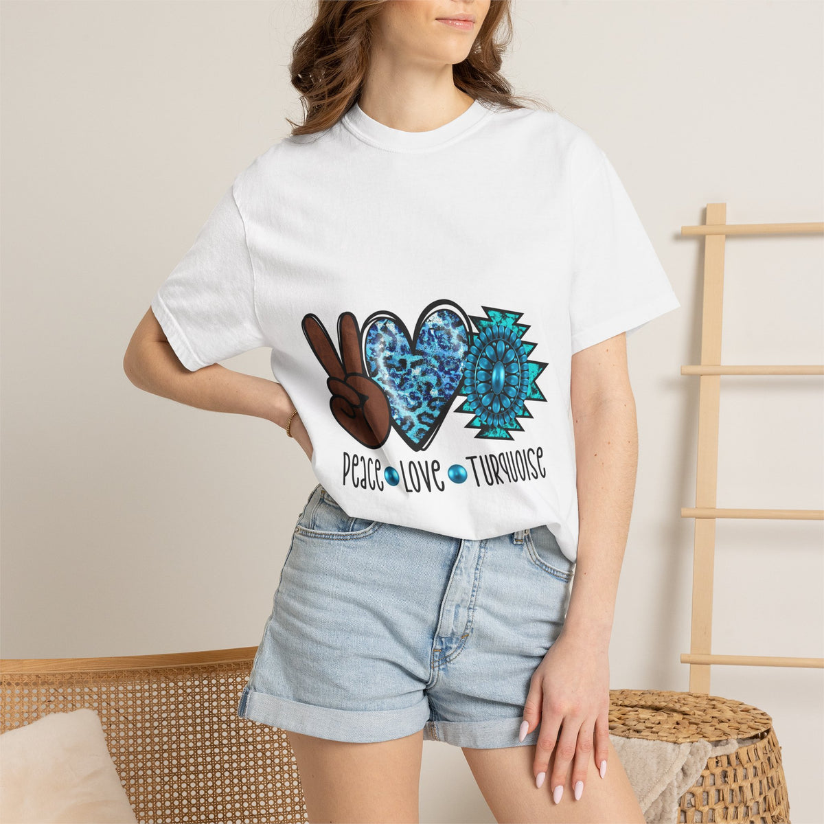 Peace Love Turquoise T-Shirt — Boho Peace Sign & Heart Graphic Tee