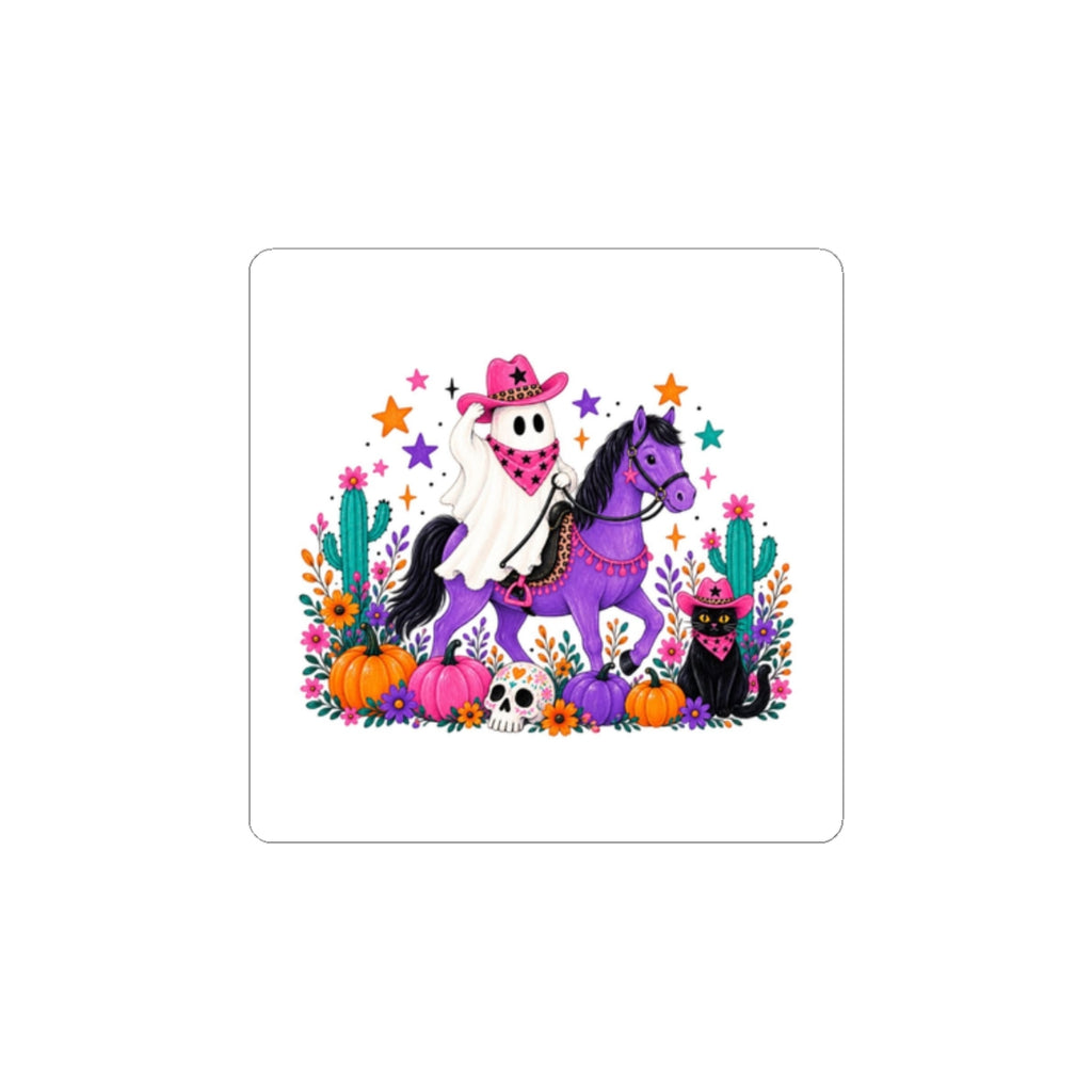 Halloween Ghost Cowboy Sticker — Cute Purple Horse, Pumpkins & Black Cat Kiss-Cut Decal