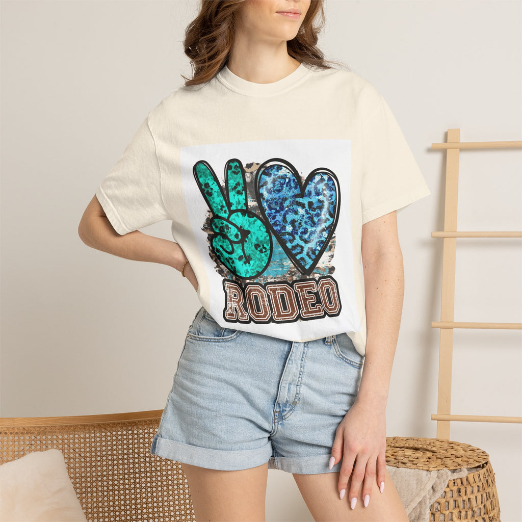 Peace Love Rodeo T‑Shirt — Turquoise Leopard Graphic Rodeo Tee