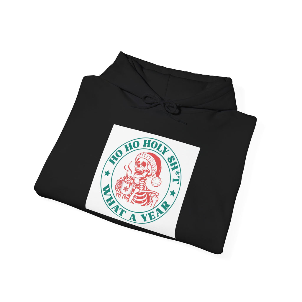 Vintage Santa Badge Hoodie — "Ho Ho Holy Shit What A Year" Christmas Sweatshirt