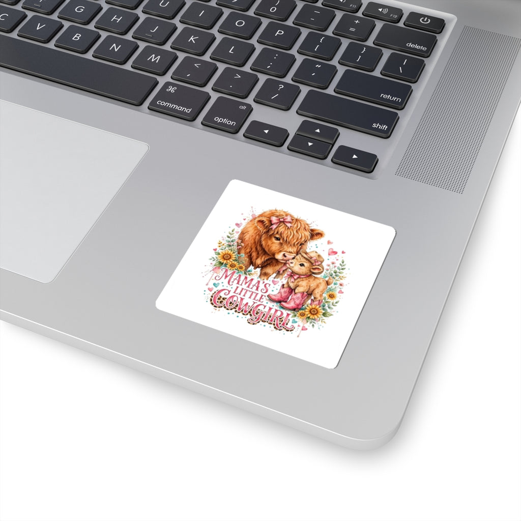 Mama’s Little Cowgirl Kiss-Cut Sticker — Adorable Highland Cow Mom & Calf Floral Decal