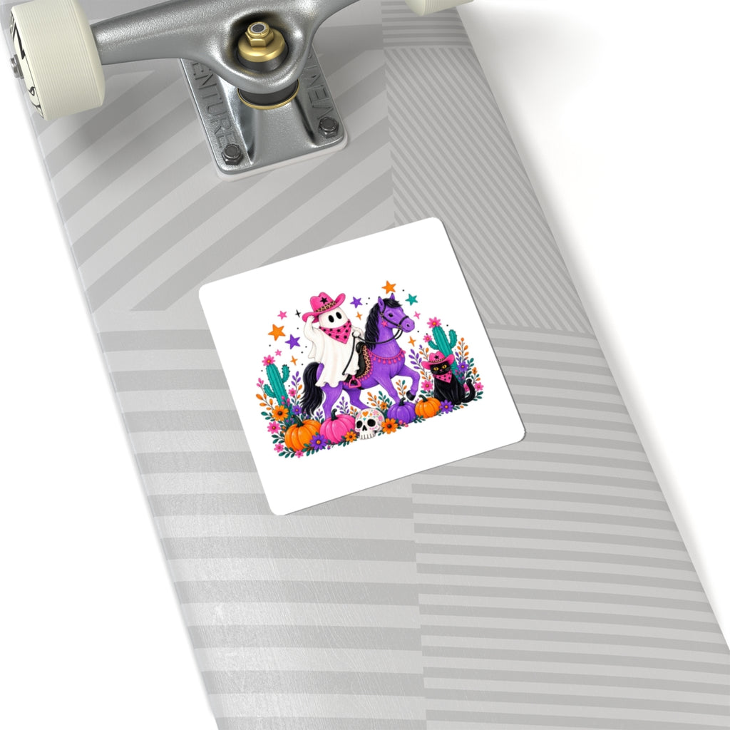 Halloween Ghost Cowboy Sticker — Cute Purple Horse, Pumpkins & Black Cat Kiss-Cut Decal