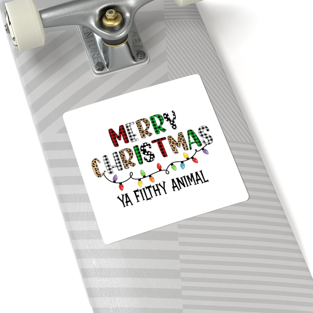Merry Christmas Ya Filthy Animal Sticker — Holiday Plaid & Leopard Kiss-Cut Sticker