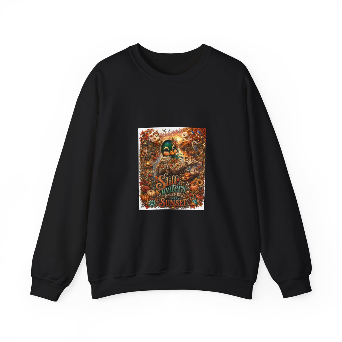 Autumn Sunset Skull Crewneck Sweatshirt – 'Still Waters' Vintage Halloween Graphic