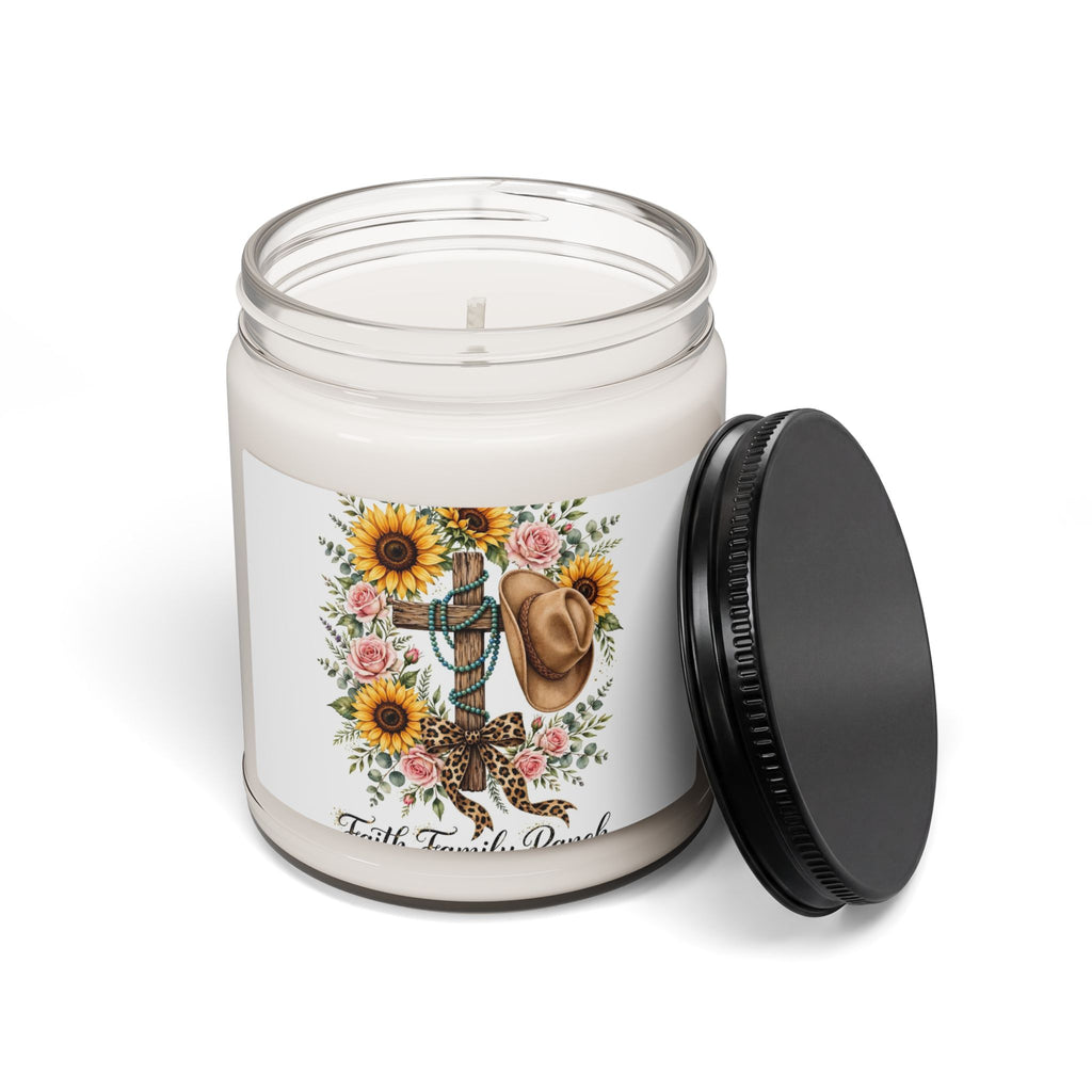 Faith Family Farmhouse Soy Candle — Sunflower Cross & Cowboy Hat 9oz