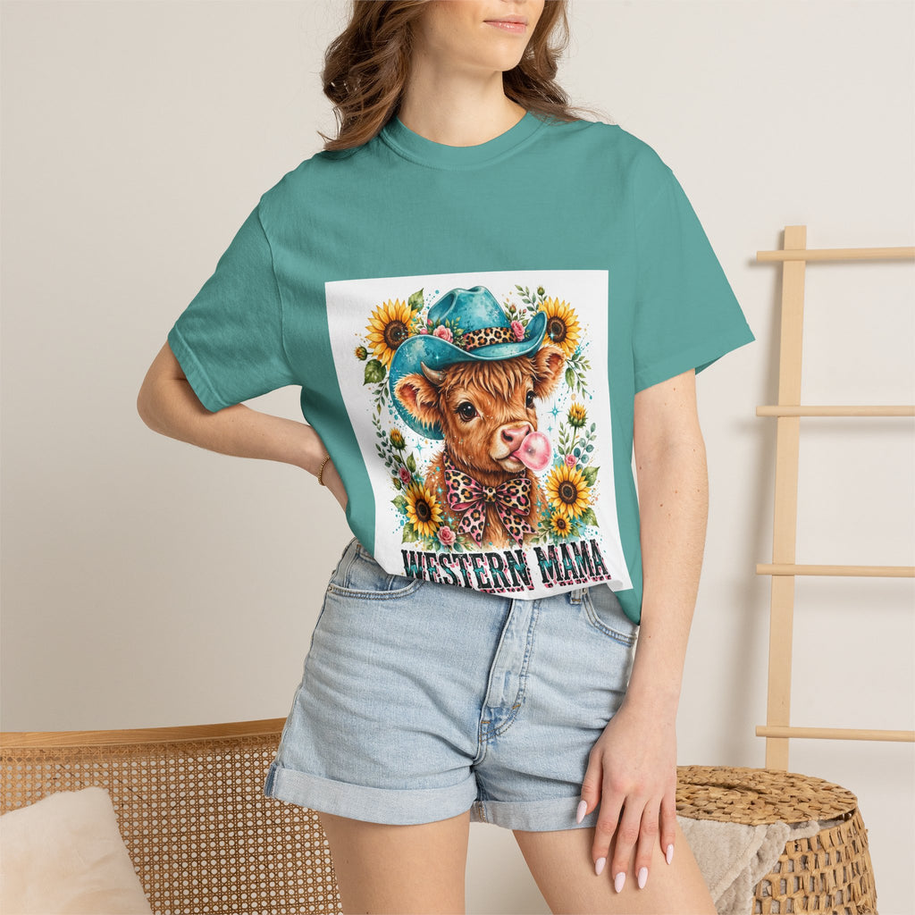Western Mama Cow Tee — Cute Cow with Cowboy Hat & Sunflowers Graphic T-Shirt