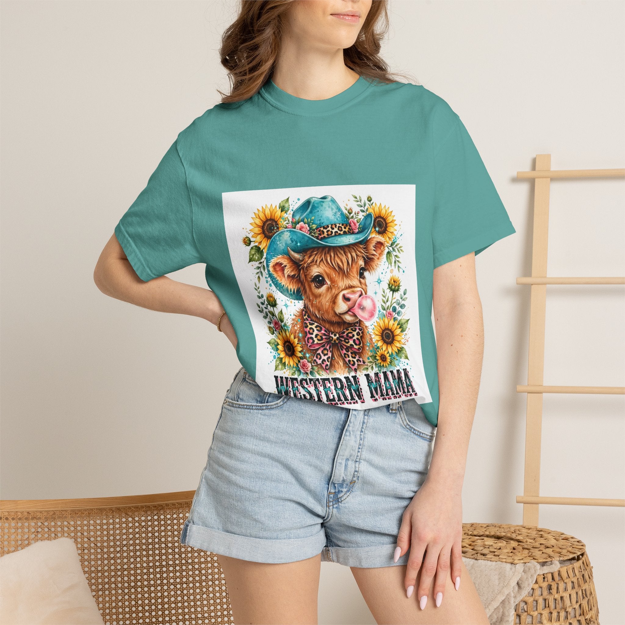Western Mama Cow Tee — Cute Cow with Cowboy Hat & Sunflowers Graphic T-Shirt
