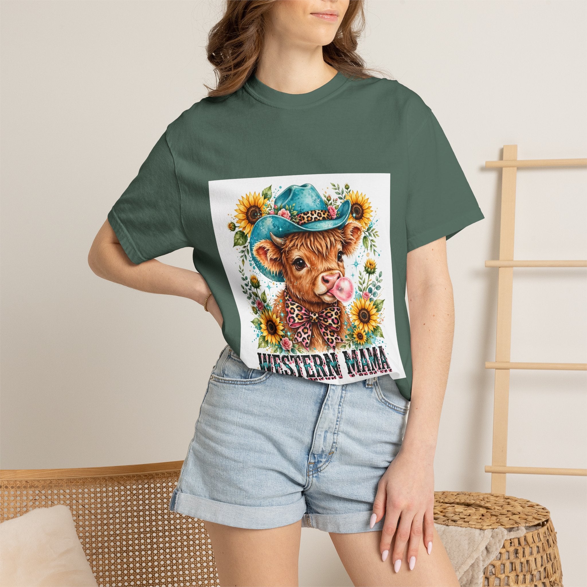 Western Mama Cow Tee — Cute Cow with Cowboy Hat & Sunflowers Graphic T-Shirt