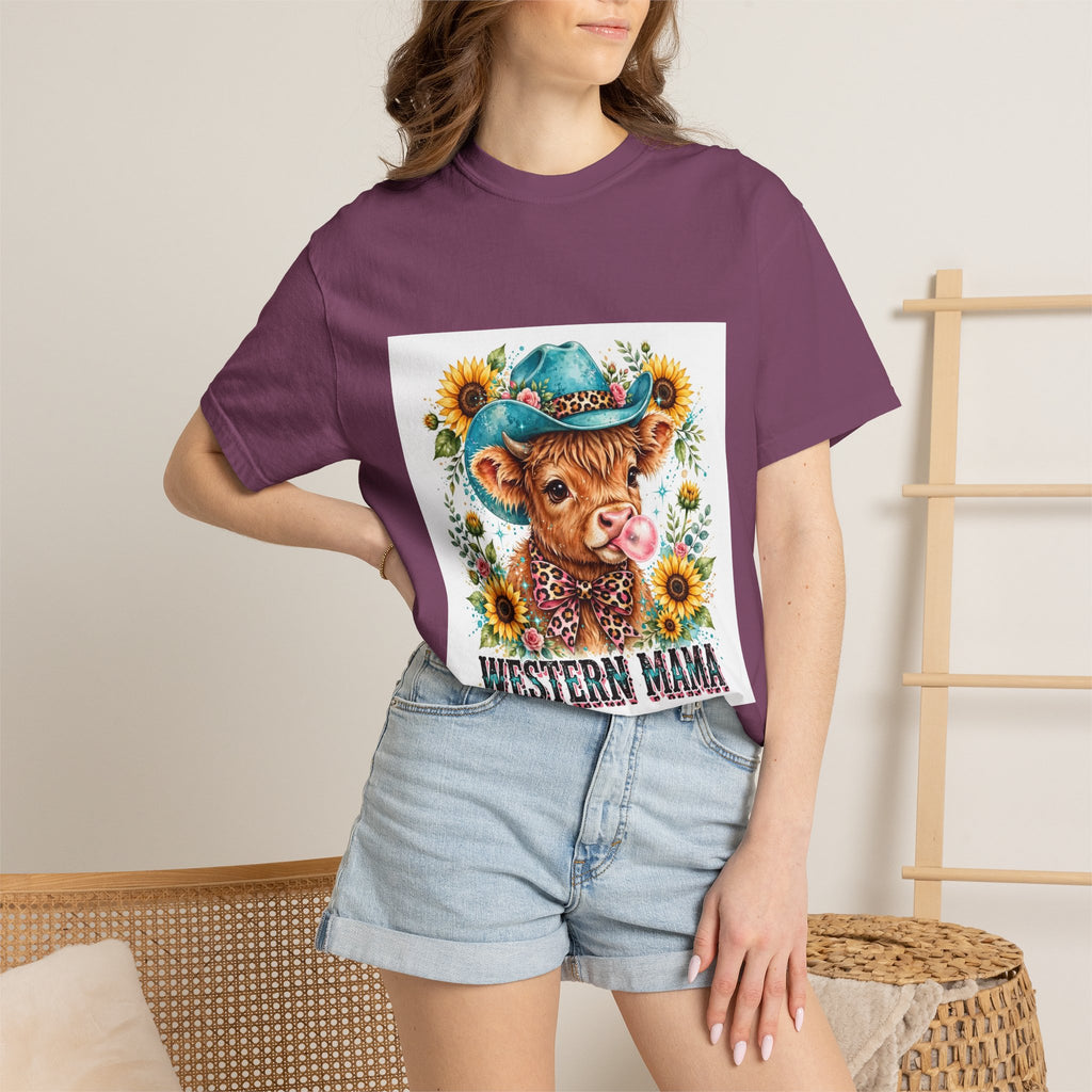 Western Mama Cow Tee — Cute Cow with Cowboy Hat & Sunflowers Graphic T-Shirt
