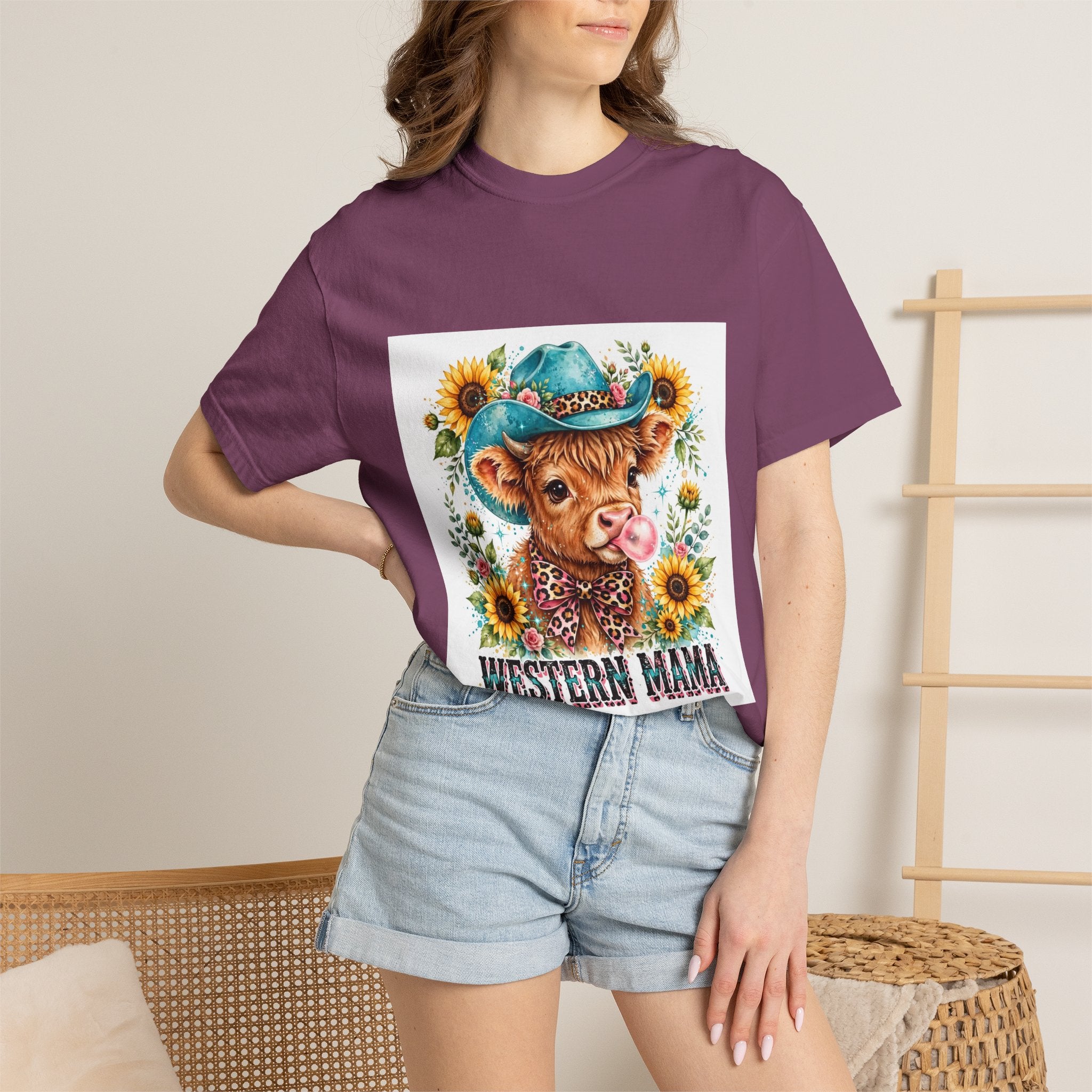 Western Mama Cow Tee — Cute Cow with Cowboy Hat & Sunflowers Graphic T-Shirt