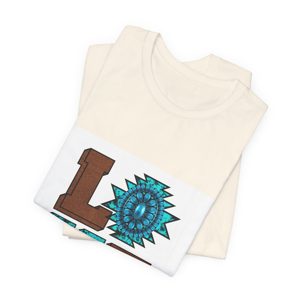 LOVE Southwestern Graphic Tee — Turquoise & Brown Rustic Sunflower Design