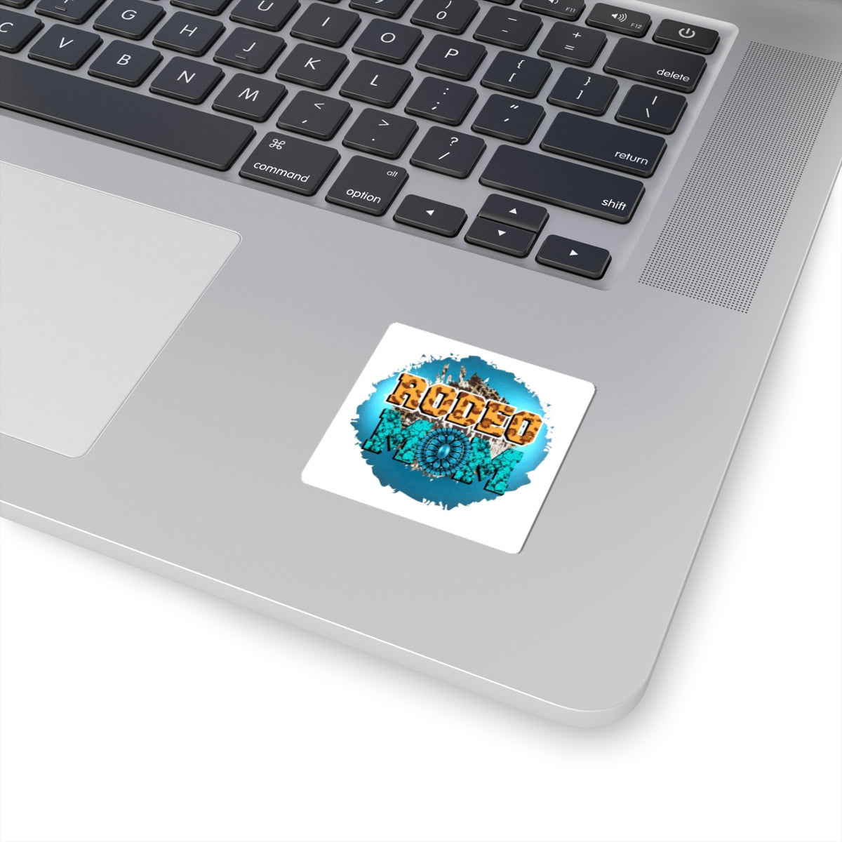 Rodeo Mom Kiss-Cut Sticker — Turquoise Western Cowhide Design