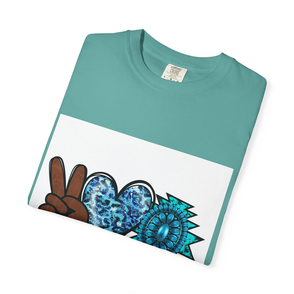Peace Love Turquoise T-Shirt — Boho Peace Sign & Heart Graphic Tee