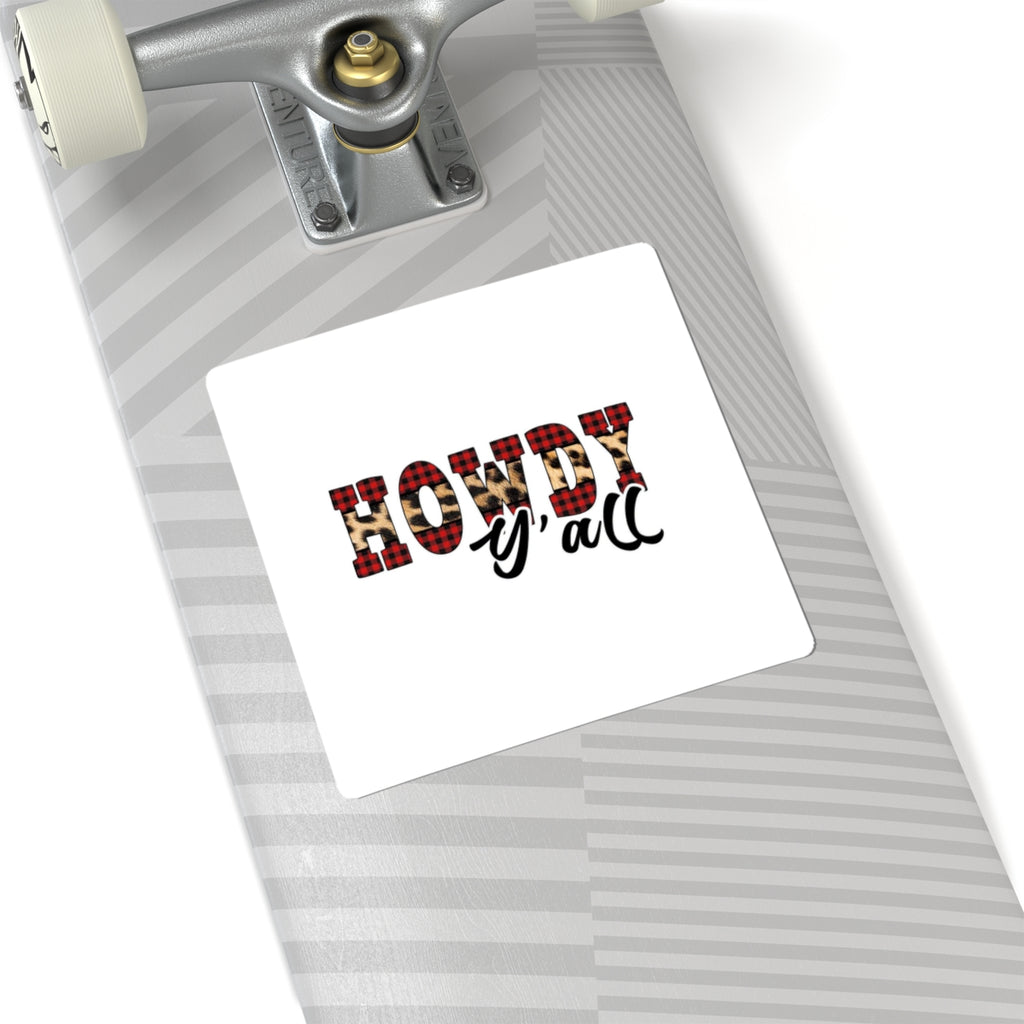 Howdy y’all Plaid & Leopard Sticker — Western Rustic Kiss-Cut Decal for Laptops, Water Bottles & Gifts