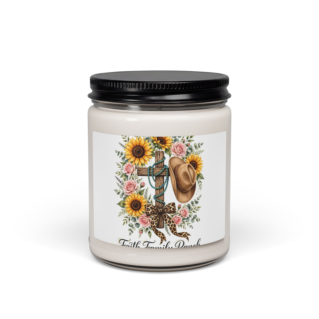 Faith Family Farmhouse Soy Candle — Sunflower Cross & Cowboy Hat 9oz