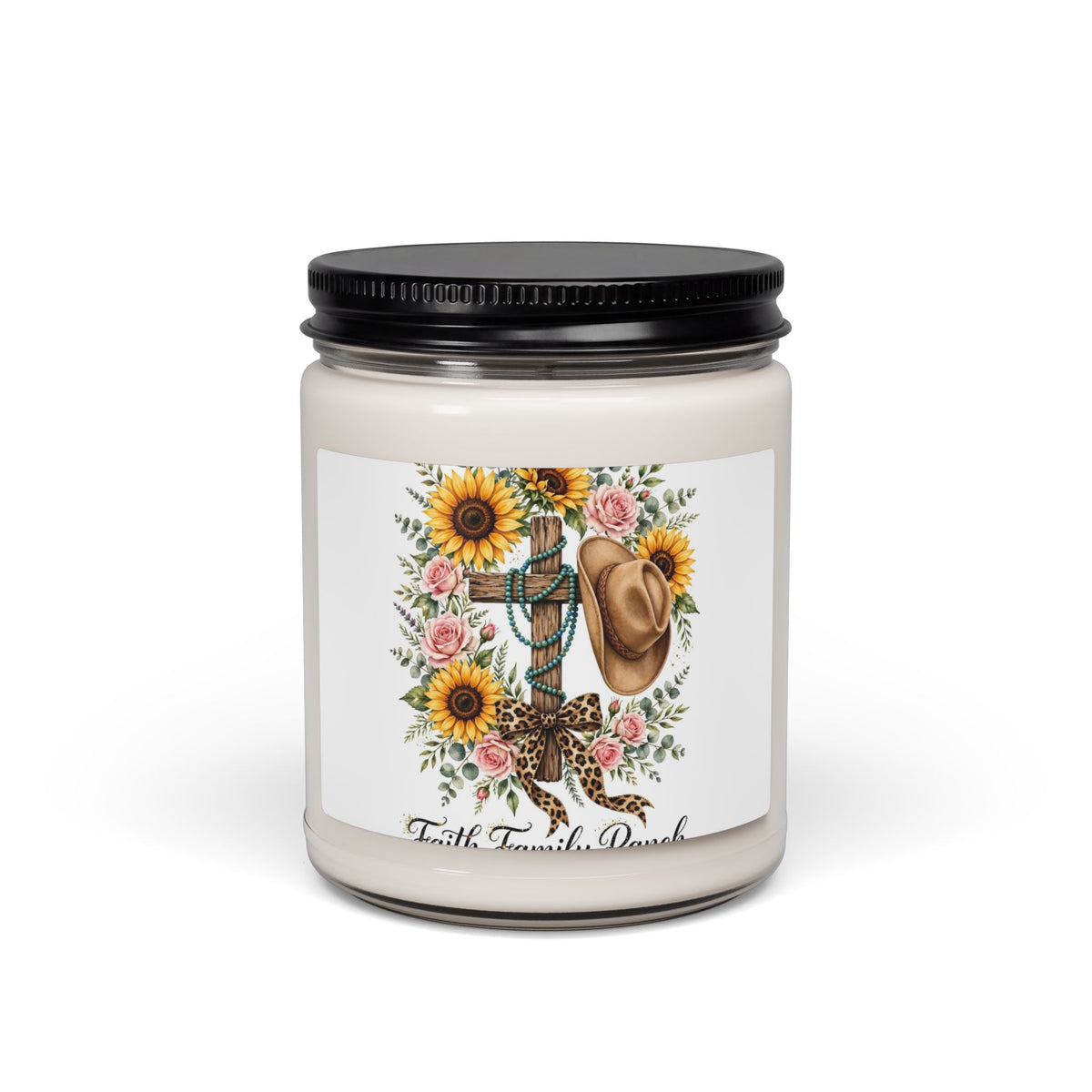Faith Family Farmhouse Soy Candle — Sunflower Cross & Cowboy Hat 9oz