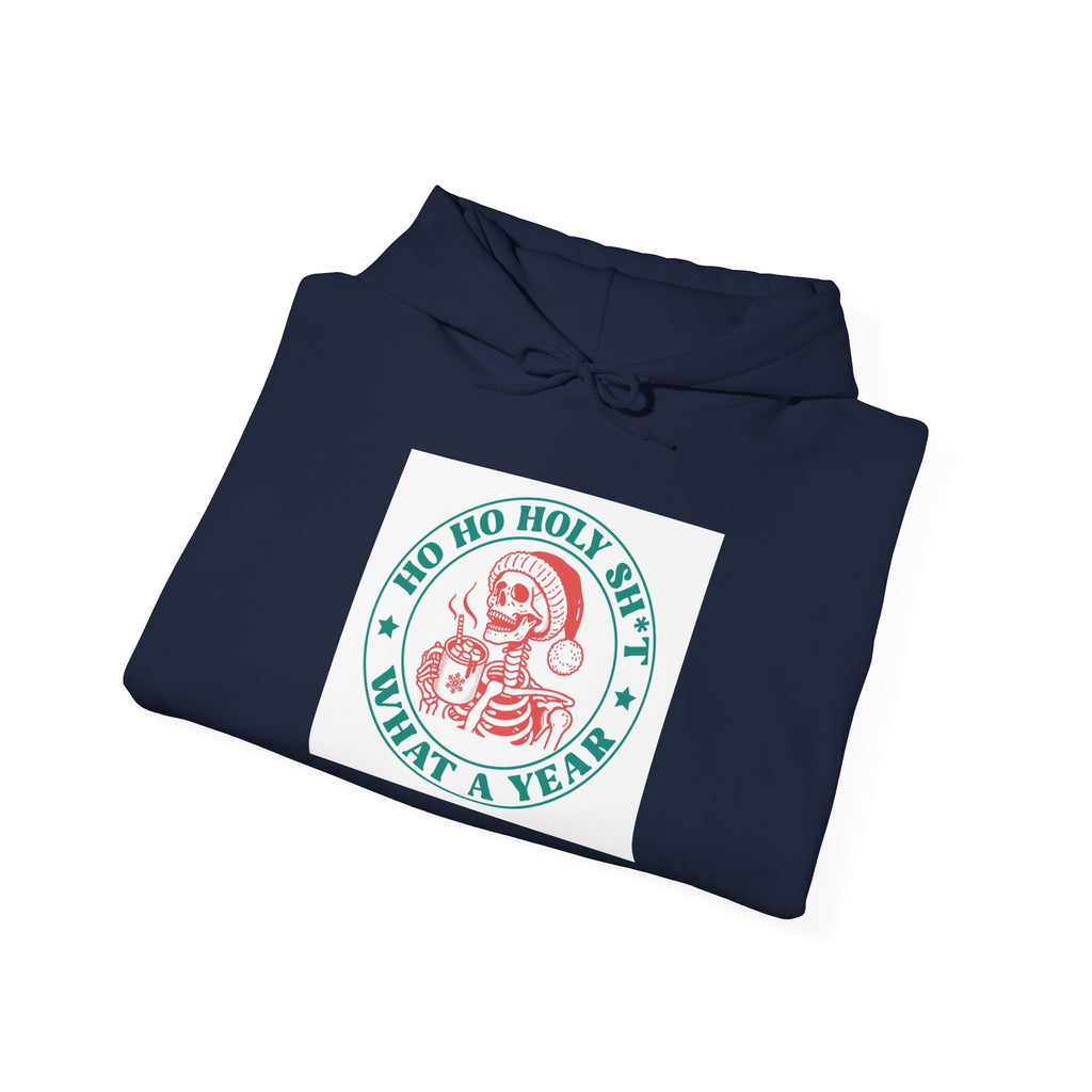 Vintage Santa Badge Hoodie — "Ho Ho Holy Shit What A Year" Christmas Sweatshirt