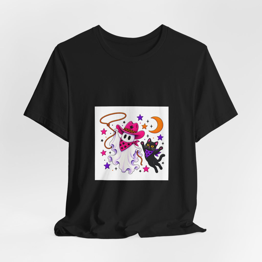 Halloween Ghost Cat T‑Shirt — Cute Witchy Ghost & Black Cat Tee