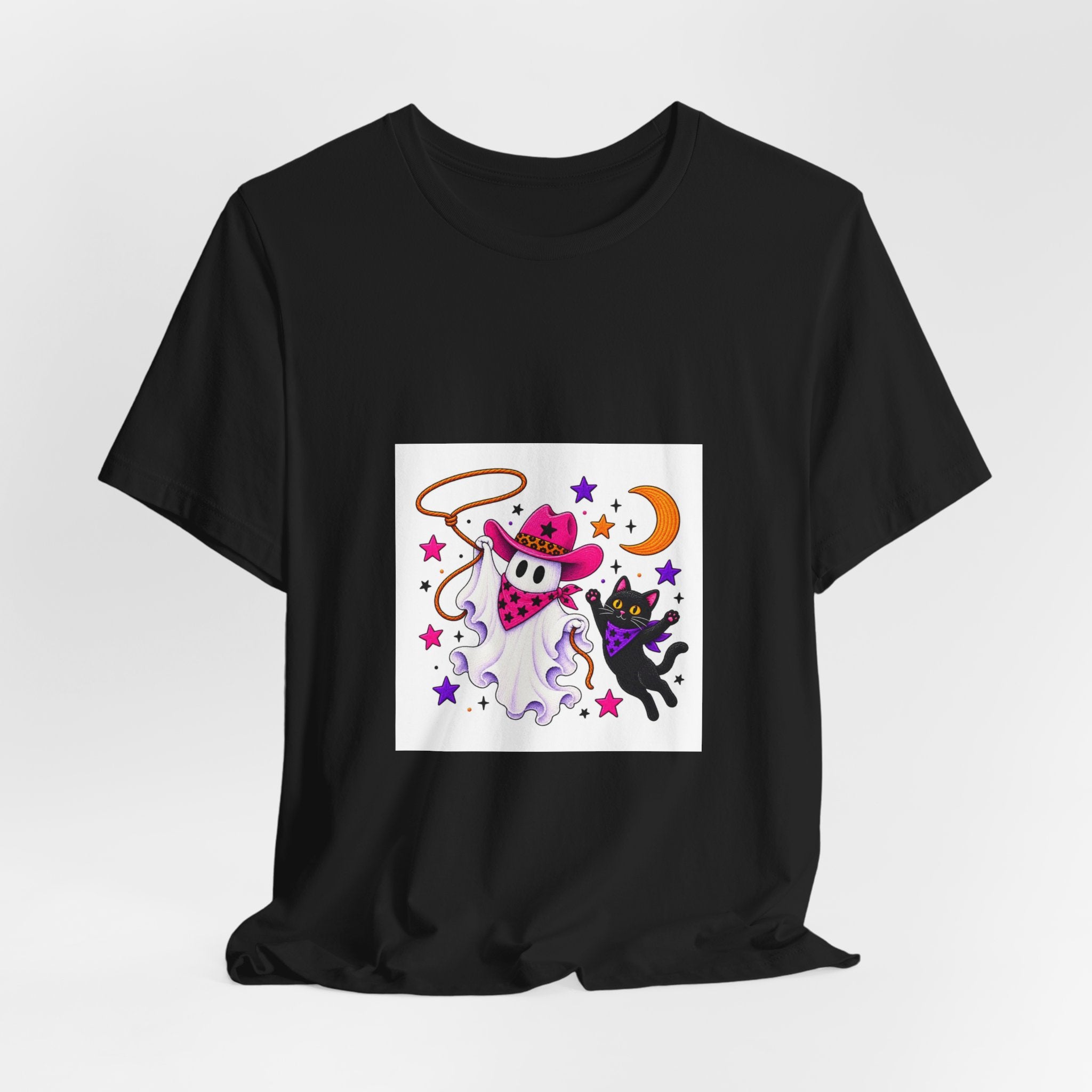 Halloween Ghost Cat T‑Shirt — Cute Witchy Ghost & Black Cat Tee