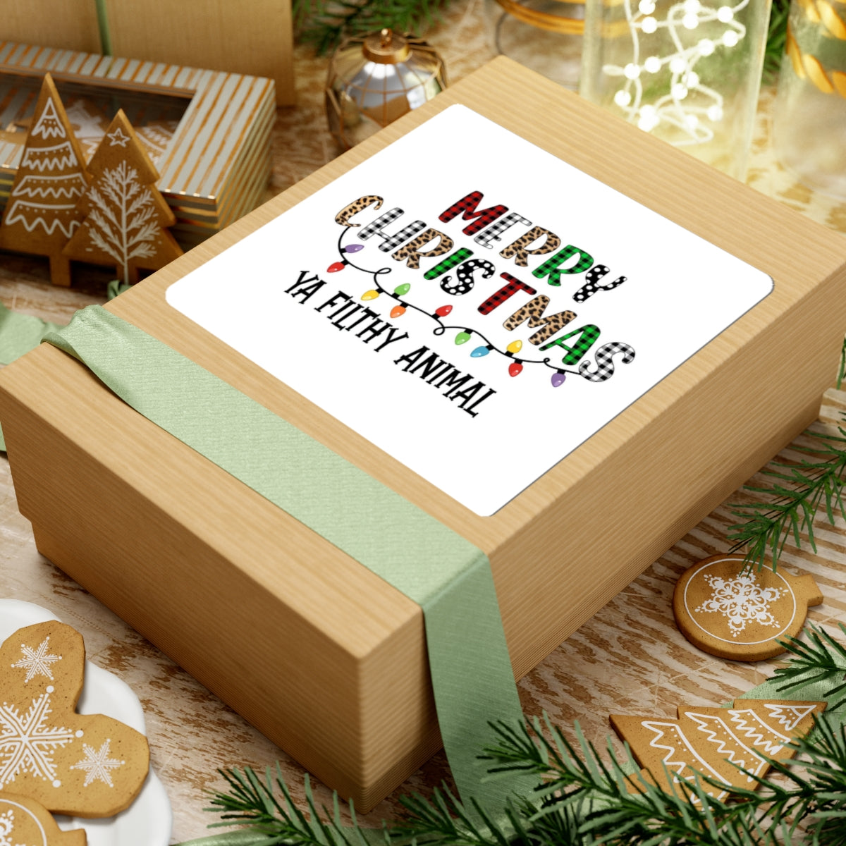 Merry Christmas Ya Filthy Animal Sticker — Holiday Plaid & Leopard Kiss-Cut Sticker