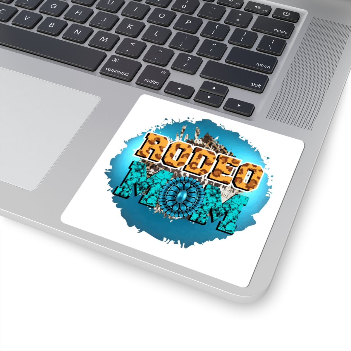 Rodeo Mom Kiss-Cut Sticker — Turquoise Western Cowhide Design