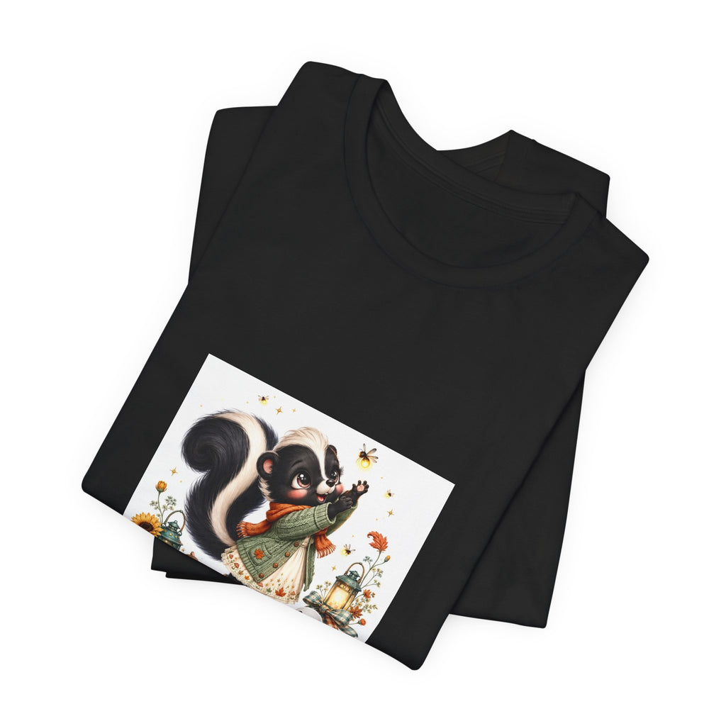 Skunk & Pumpkins Fall Tee — “Chasing the Last Firefly” Cute Autumn Graphic Shirt