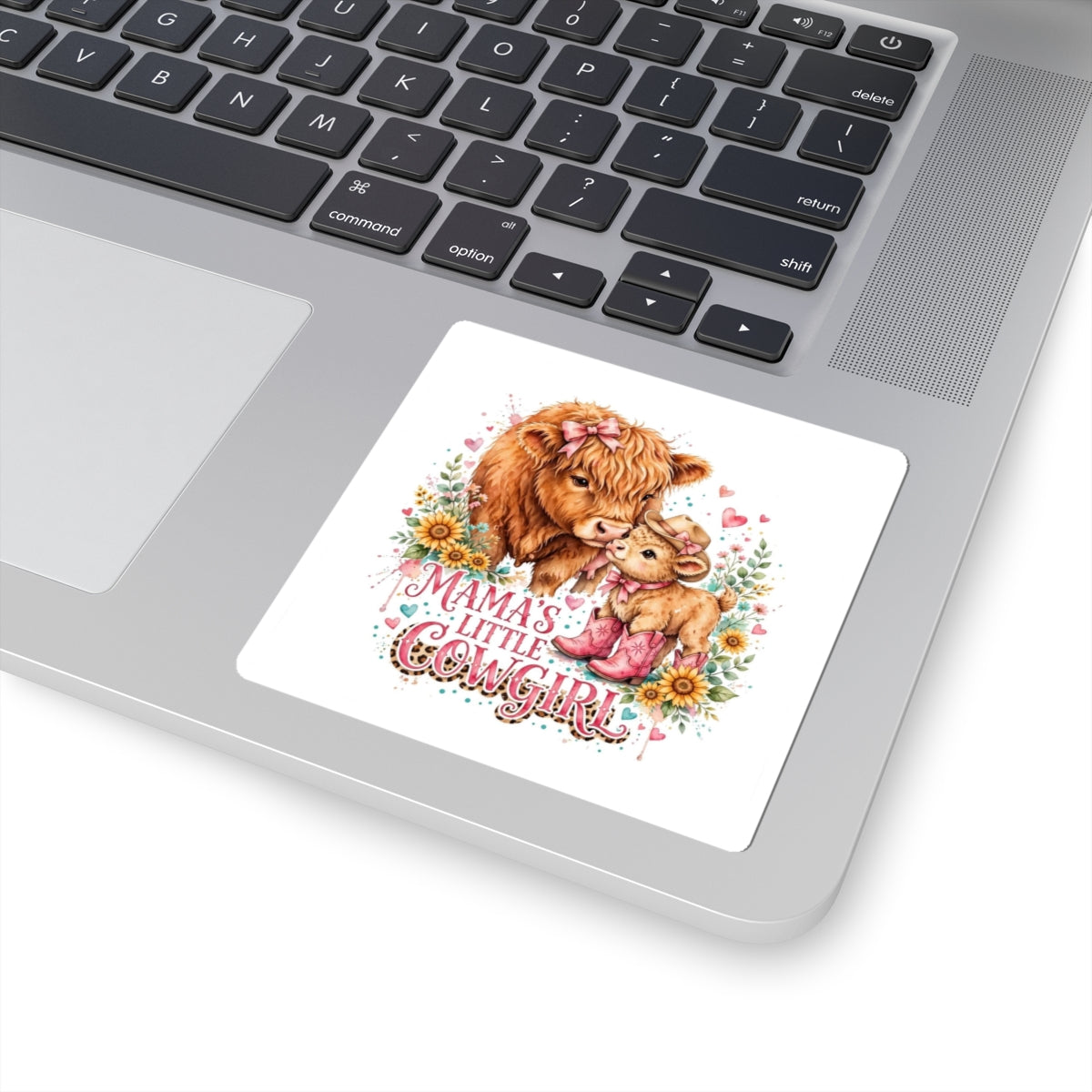Mama’s Little Cowgirl Kiss-Cut Sticker — Adorable Highland Cow Mom & Calf Floral Decal