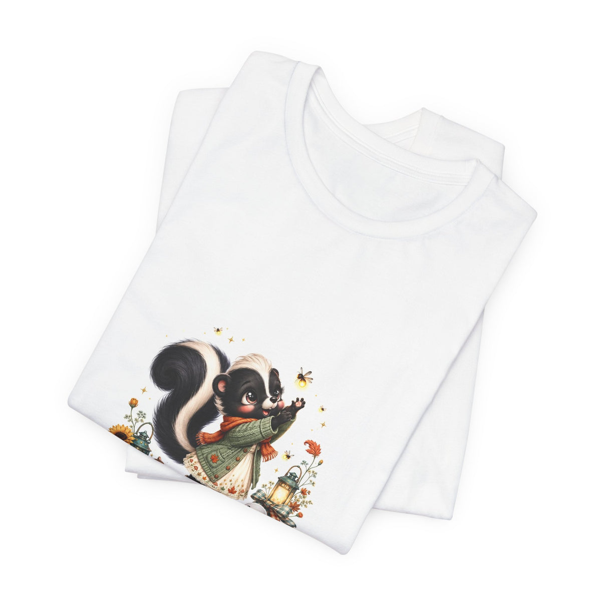 Skunk & Pumpkins Fall Tee — “Chasing the Last Firefly” Cute Autumn Graphic Shirt