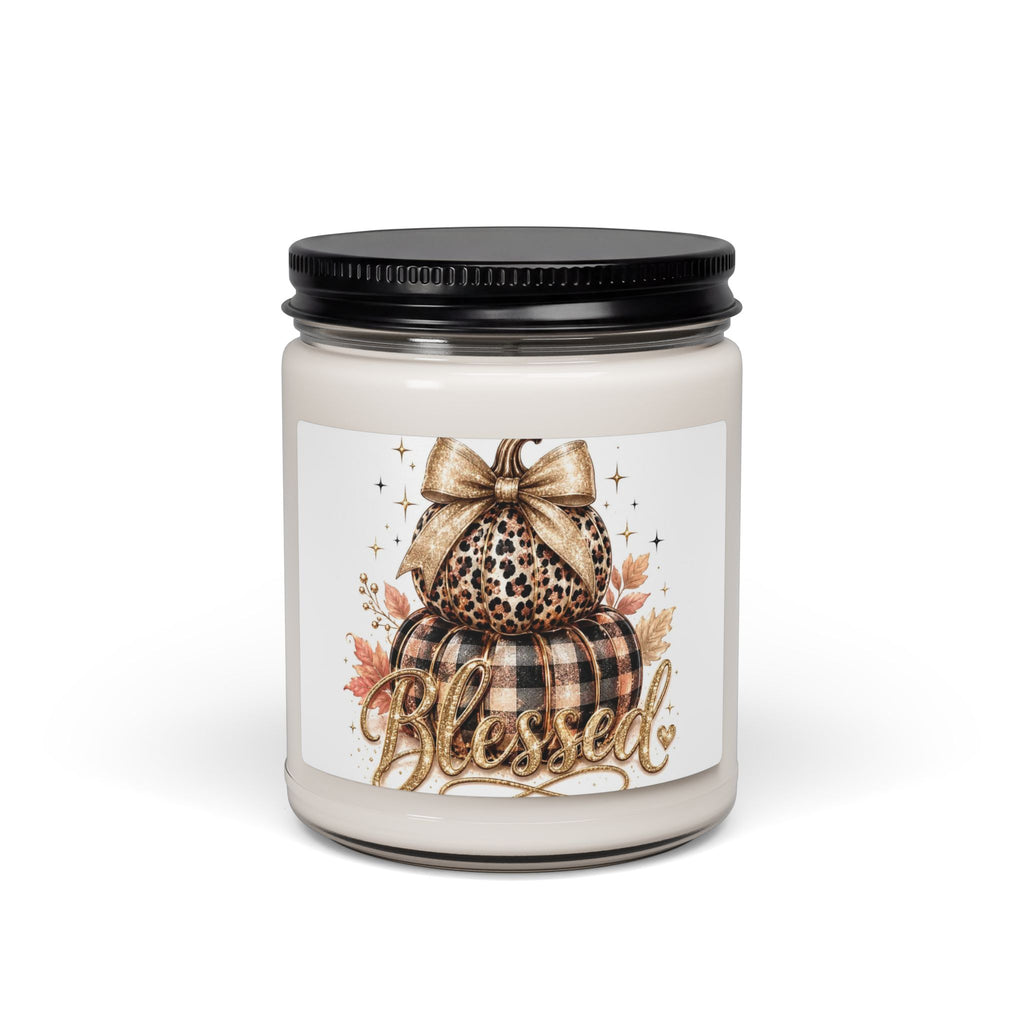 Blessed Fall Pumpkin Soy Candle — 9oz Scented Jar (Leopard & Buffalo Plaid)