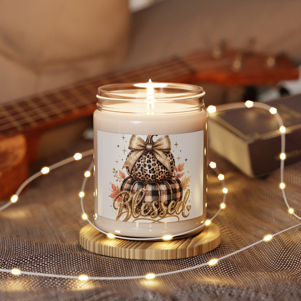 Blessed Fall Pumpkin Soy Candle — 9oz Scented Jar (Leopard & Buffalo Plaid)