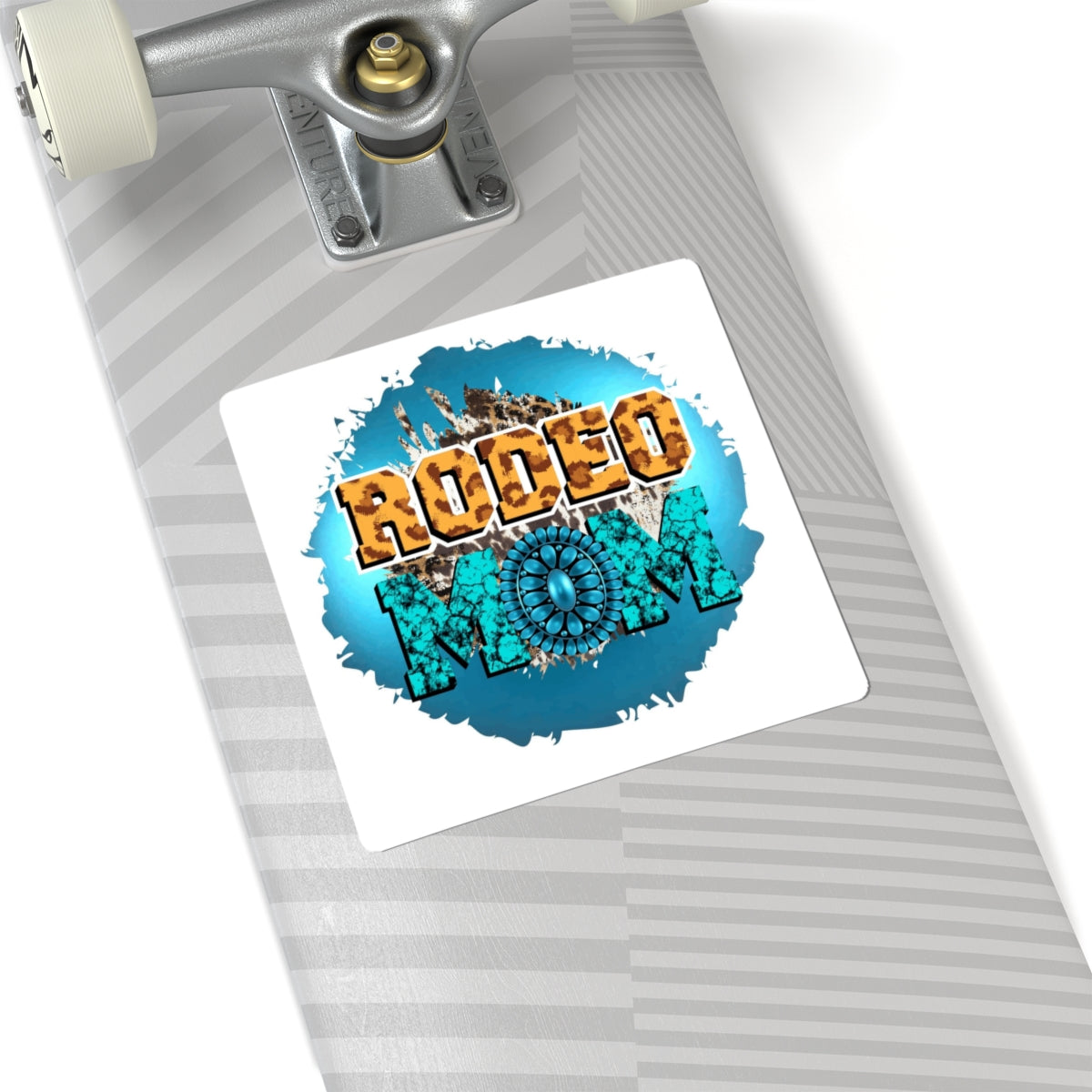 Rodeo Mom Kiss-Cut Sticker — Turquoise Western Cowhide Design