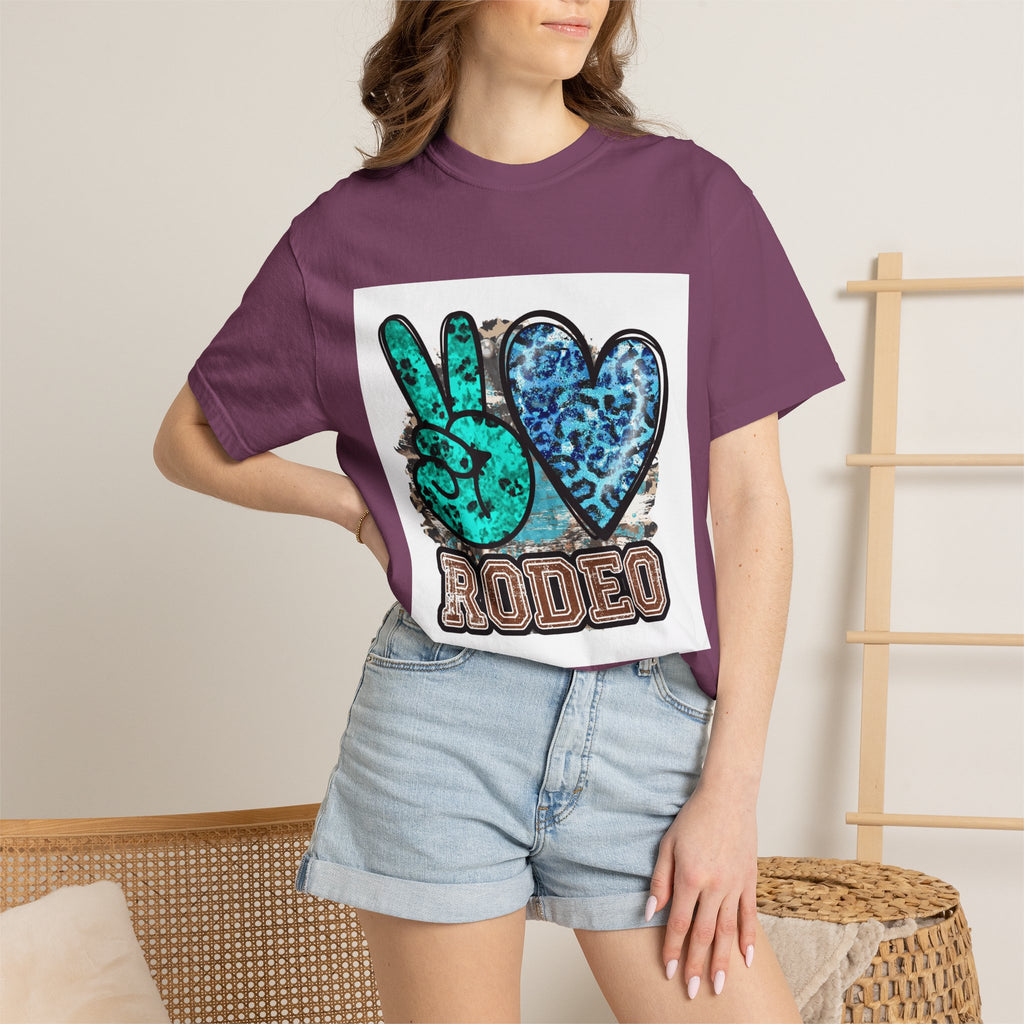 Peace Love Rodeo T‑Shirt — Turquoise Leopard Graphic Rodeo Tee