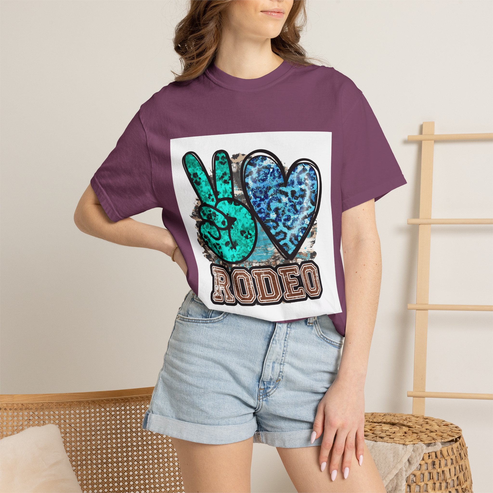 Peace Love Rodeo T‑Shirt — Turquoise Leopard Graphic Rodeo Tee