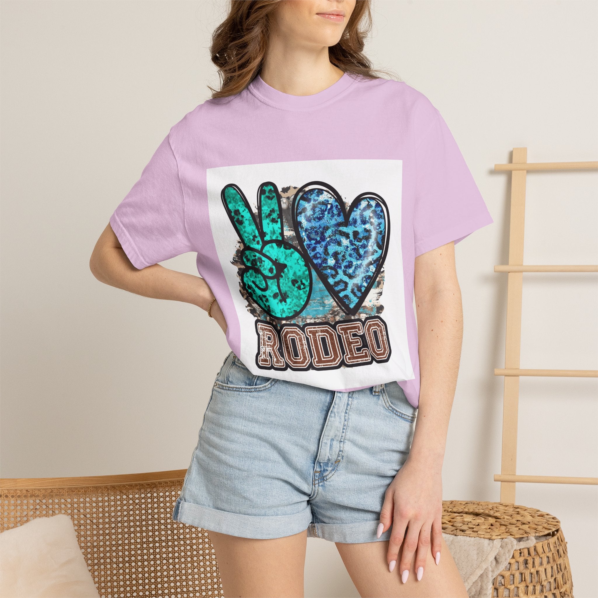 Peace Love Rodeo T‑Shirt — Turquoise Leopard Graphic Rodeo Tee