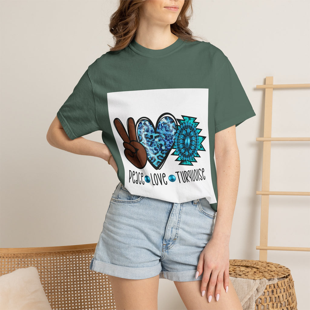 Peace Love Turquoise T-Shirt — Boho Peace Sign & Heart Graphic Tee