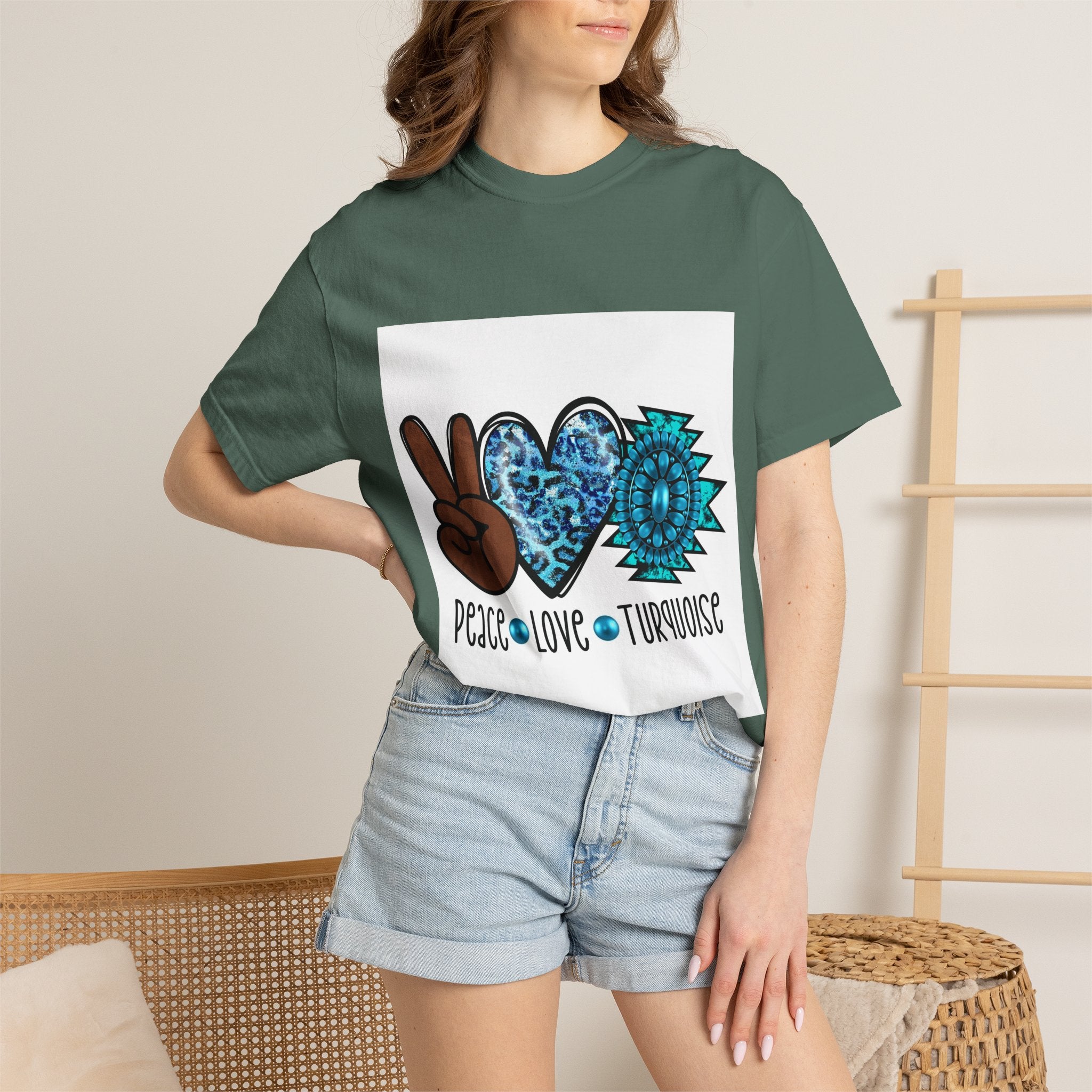 Peace Love Turquoise T-Shirt — Boho Peace Sign & Heart Graphic Tee