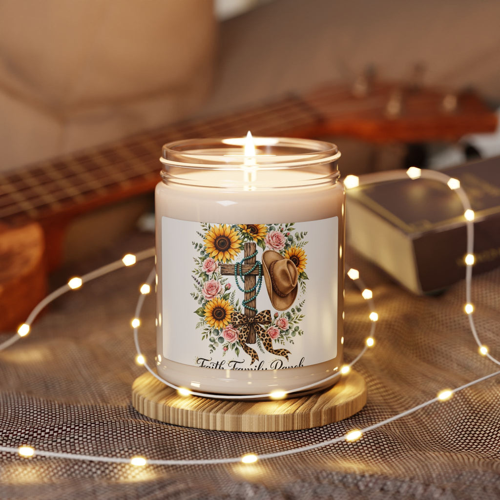Faith Family Farmhouse Soy Candle — Sunflower Cross & Cowboy Hat 9oz