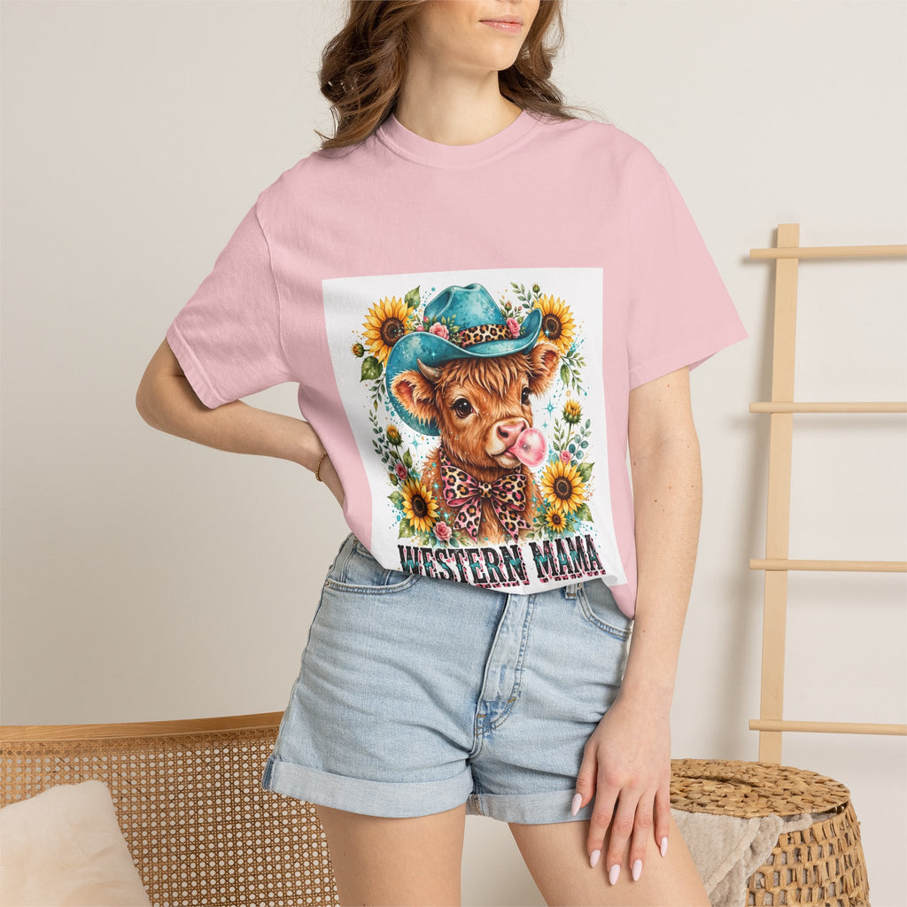 Western Mama Cow Tee — Cute Cow with Cowboy Hat & Sunflowers Graphic T-Shirt