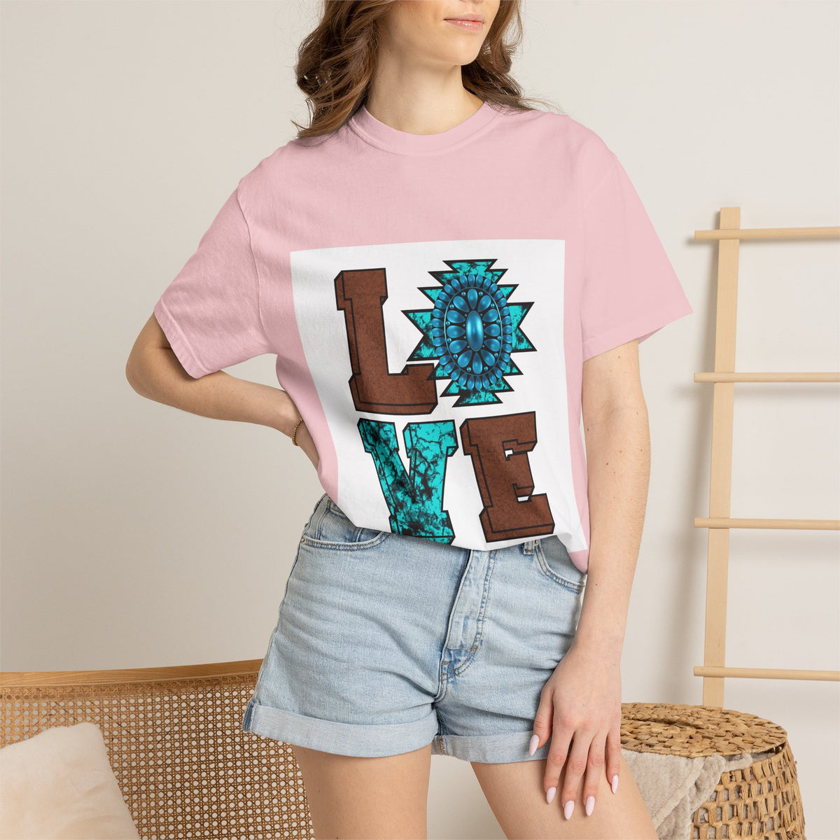 LOVE Southwestern Graphic T-Shirt — Turquoise Aztec Heart Design
