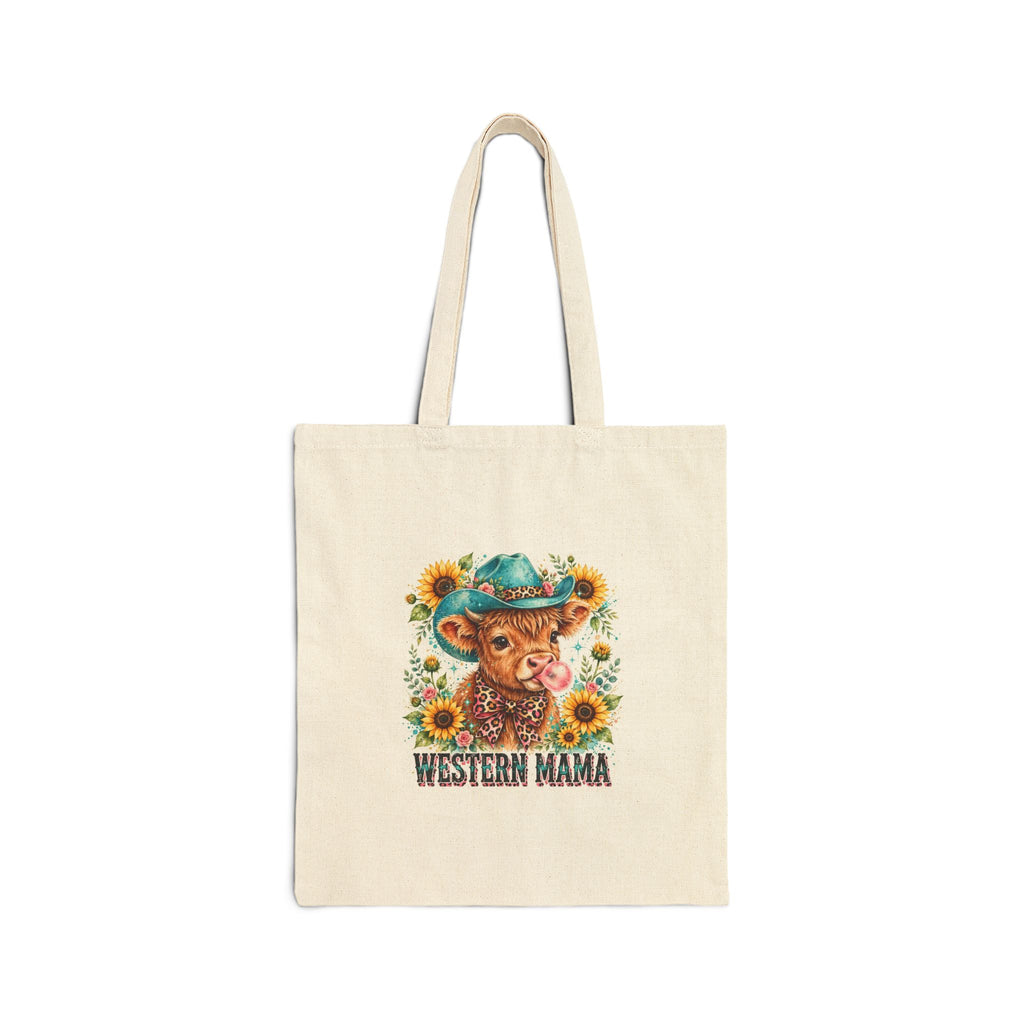 Western Mama Canvas Tote Bag – Cowgirl Calf with Sunflowers