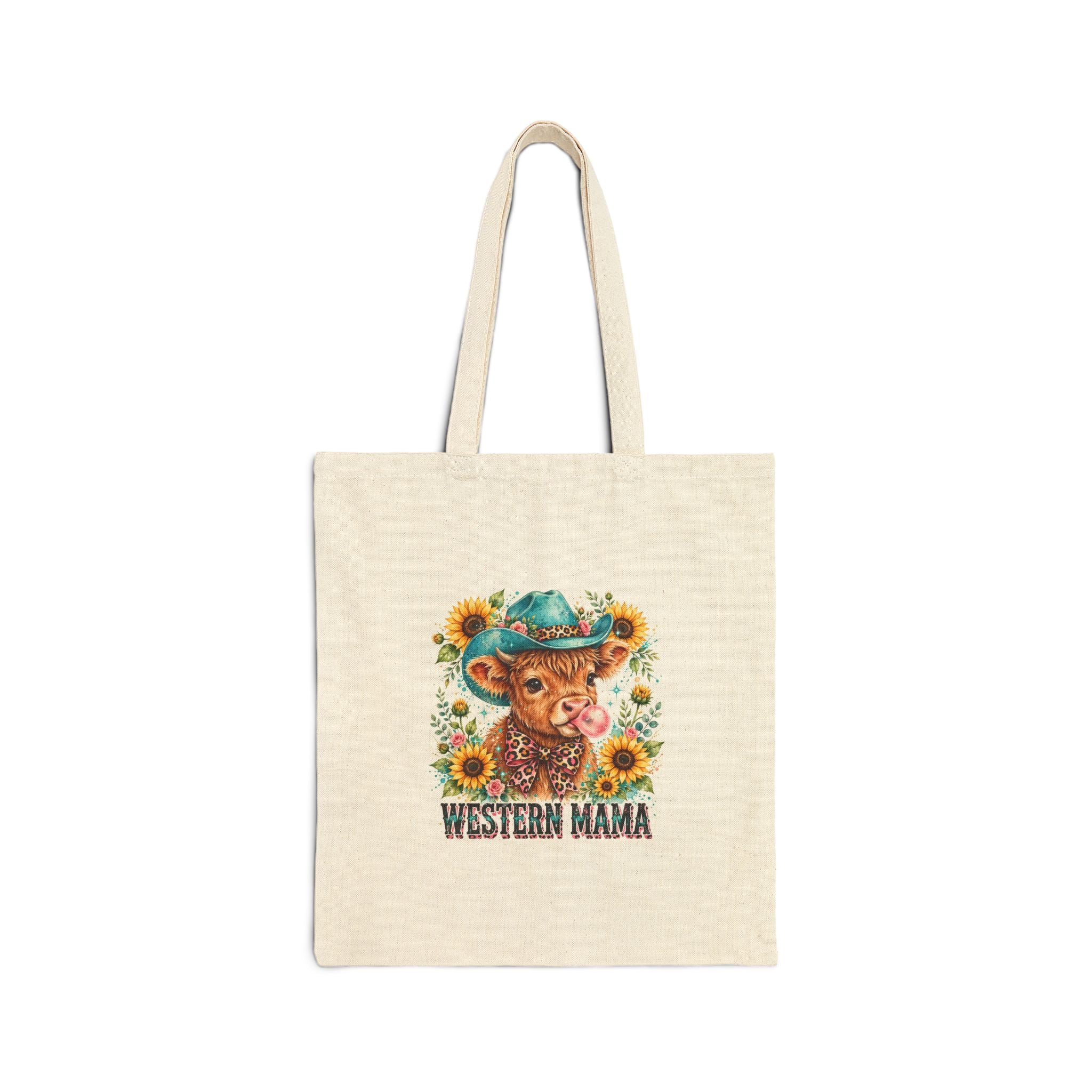 Western Mama Canvas Tote Bag – Cowgirl Calf with Sunflowers