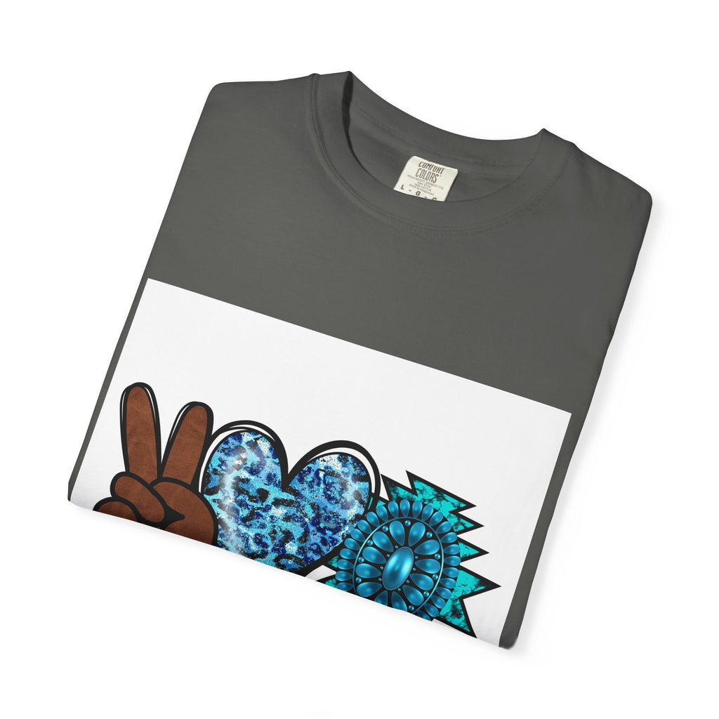 Peace Love Turquoise T-Shirt — Boho Peace Sign & Heart Graphic Tee