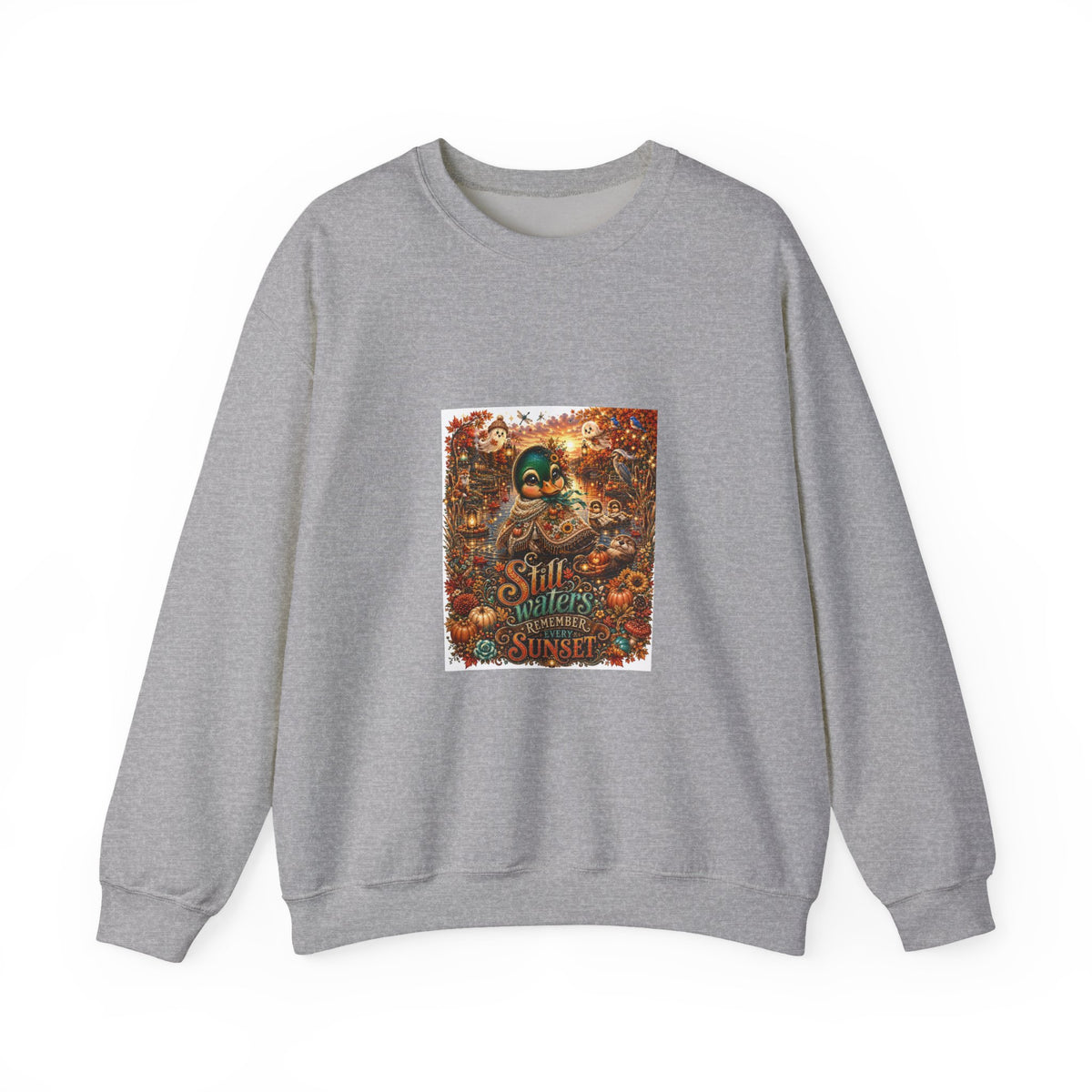 Autumn Sunset Skull Crewneck Sweatshirt – 'Still Waters' Vintage Halloween Graphic
